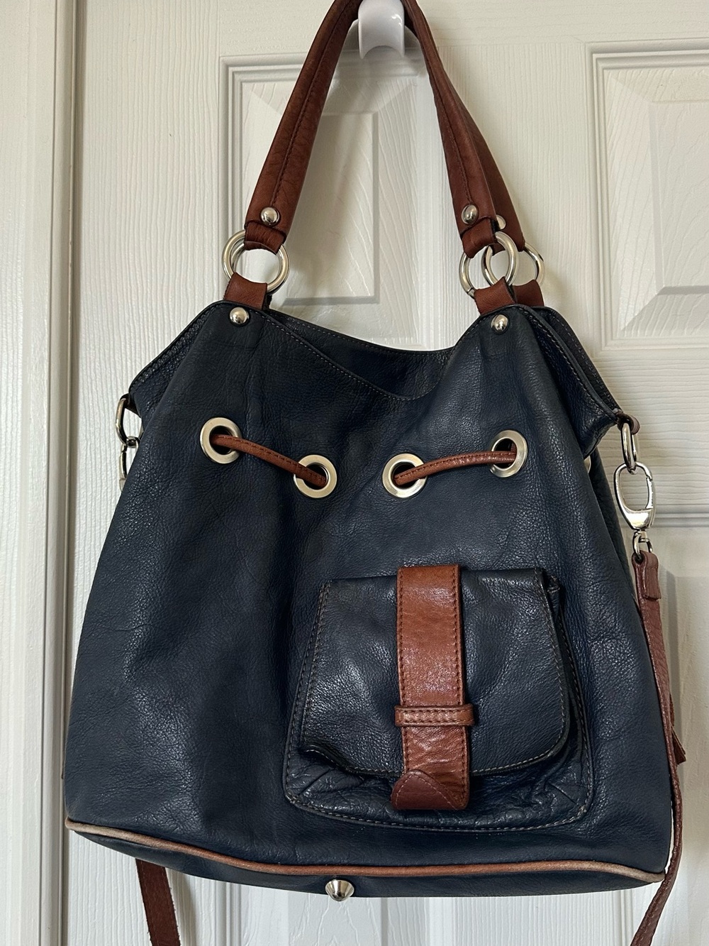 Italian leather bag Classic Black Shoulder Bag with Brown Trim